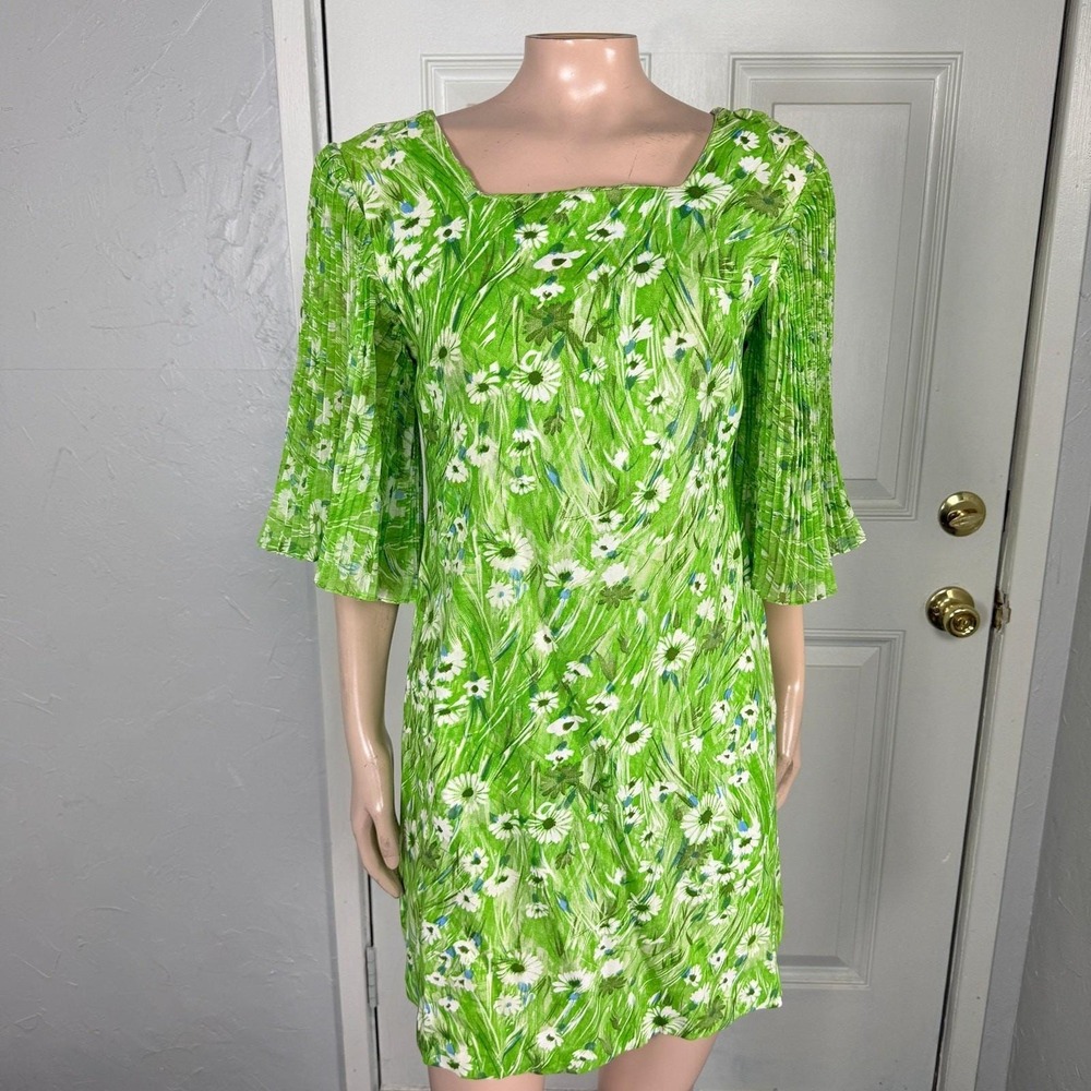 Vintage 60s 70s Handmade Women's Dress Cotton Pleated Sleeve Floral Hippie F26